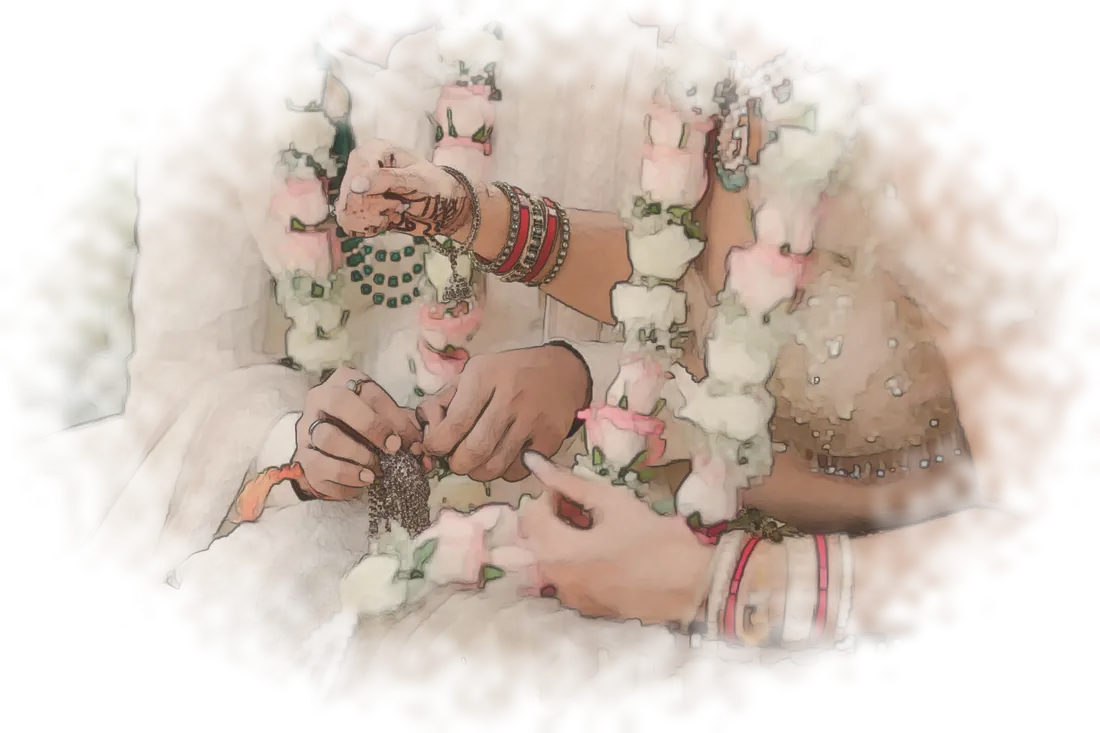 A painted vignette of a couple in jaimala garlands