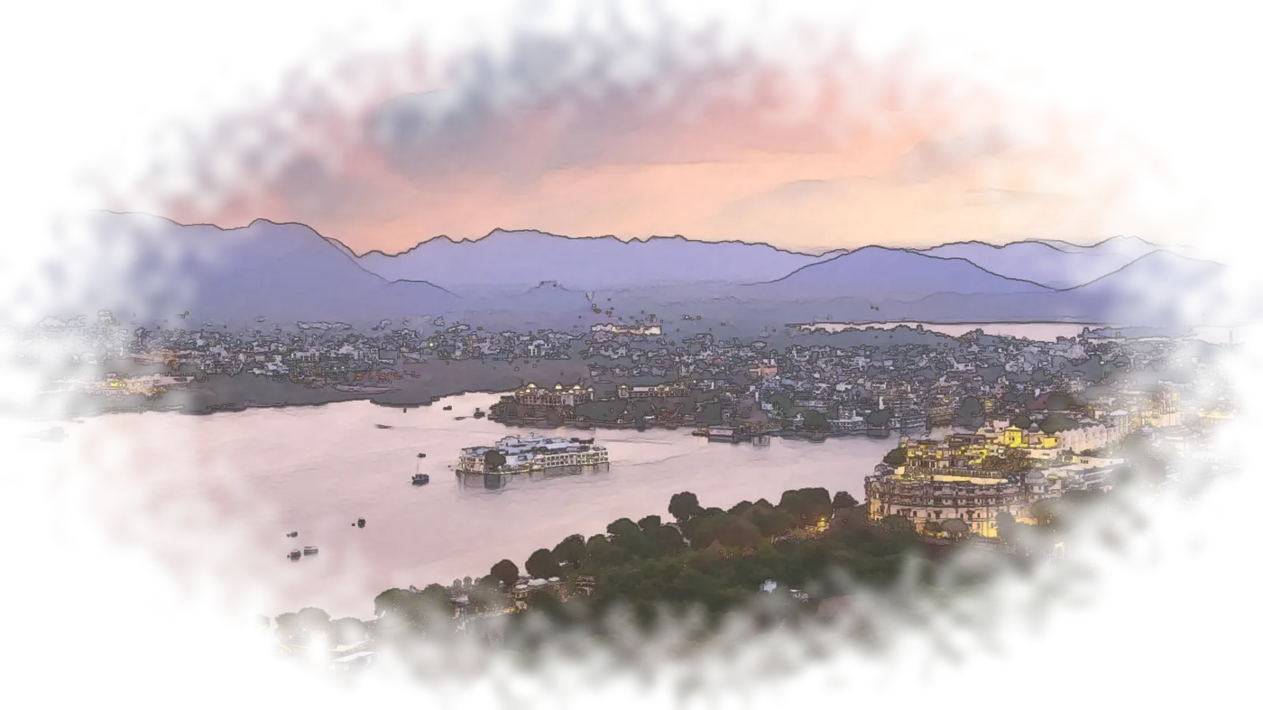 A painted view of Lake Pichola in Udaipur